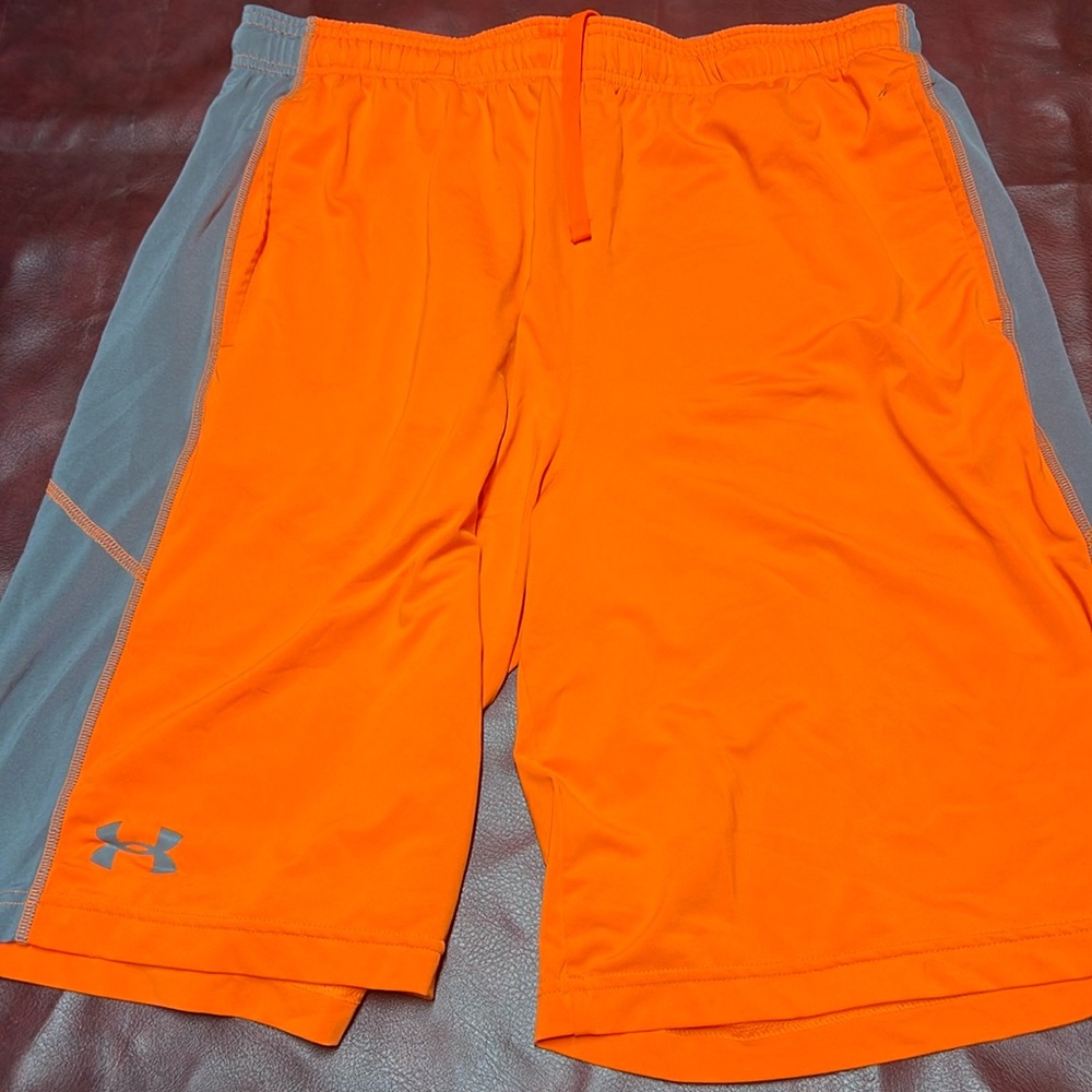 Under Armour Shorts Men's Neon Orange Athletic Drawstring Bottoms, Large